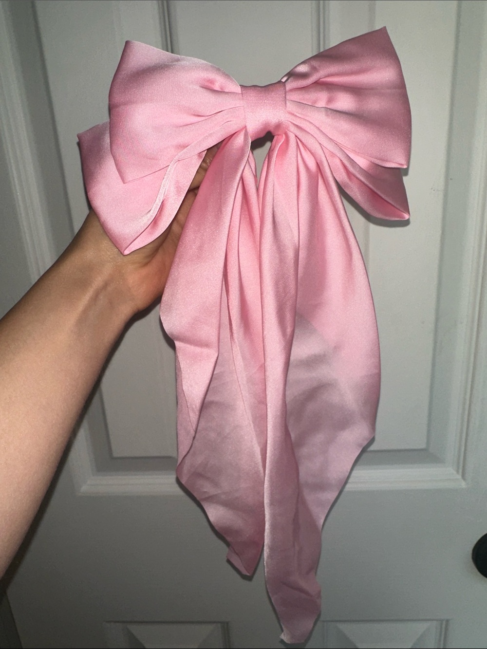Satin Hair Bow Trio - Pink, White & Dark Green - Picture 3 of 5